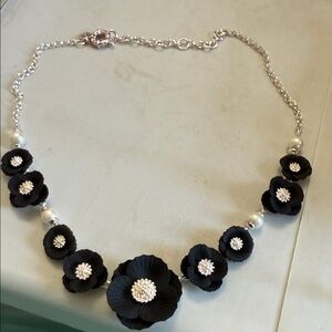 Talbotts statement necklace silver metal black flowers . Classy piece for sure!